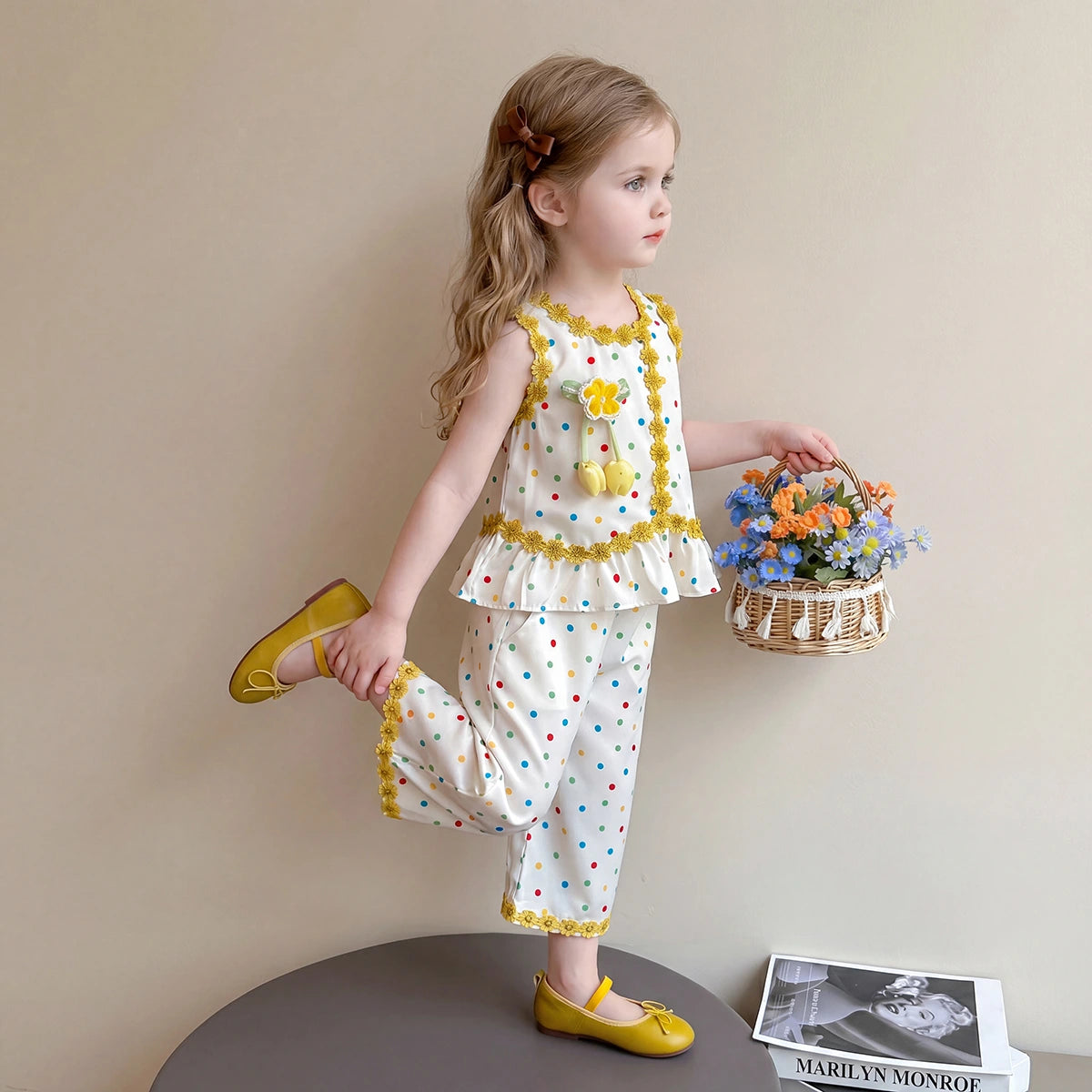 Girls Cream Polka Dot Print Sleeveless Top With Wide-Leg Pants Sets 2 pc. Sets