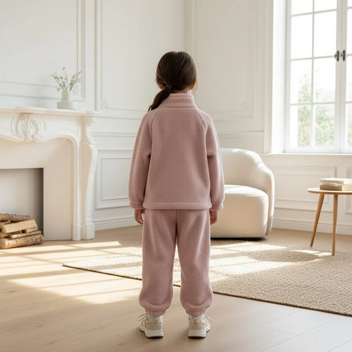 Girls Pink Fleece Zip-up Jacket With Jogger Co-ord Sets Sets