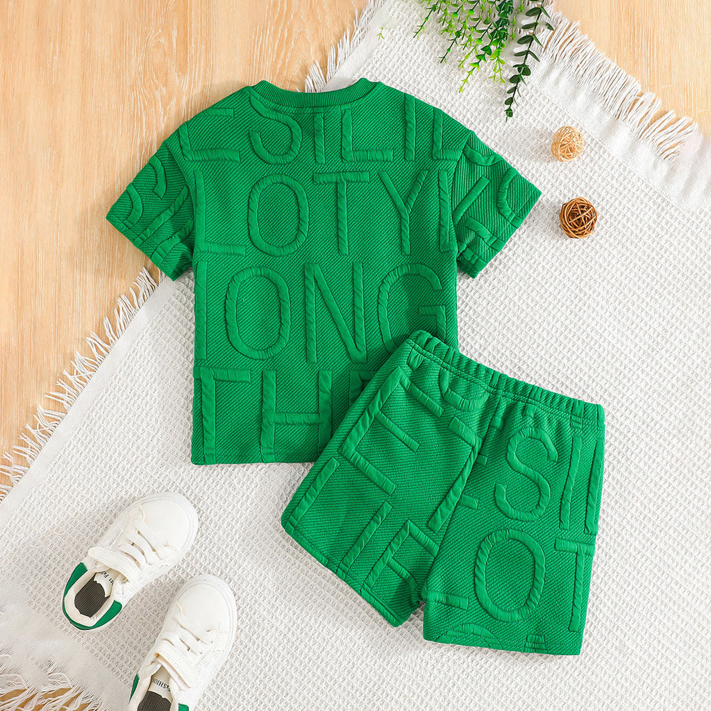 Boys Green Self Typographic Designed T-Shirt With Shorts Summer Co-ord Set 2 pc. Sets