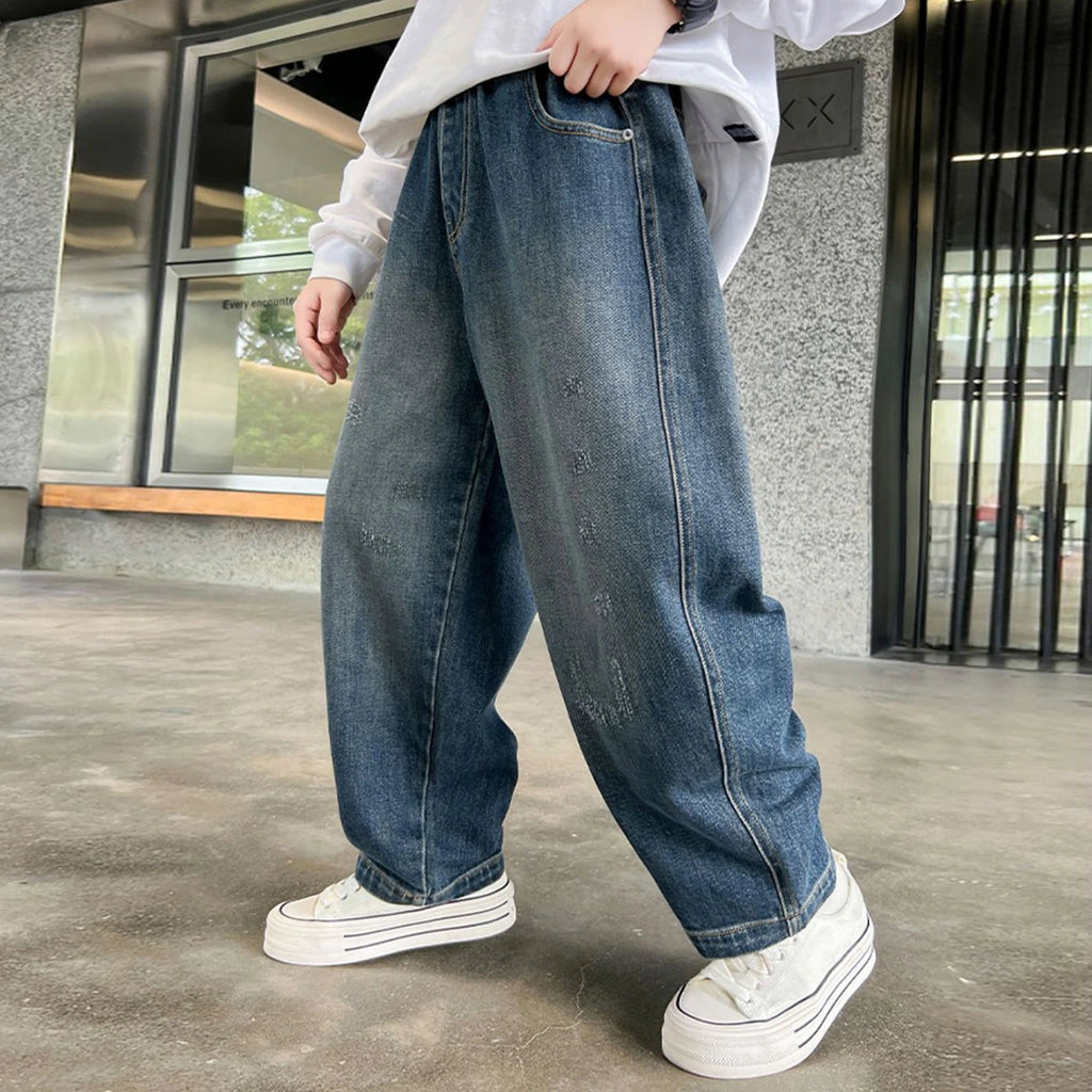 Boys Blue Embroidered Loose Fit Denim Jeans Pants