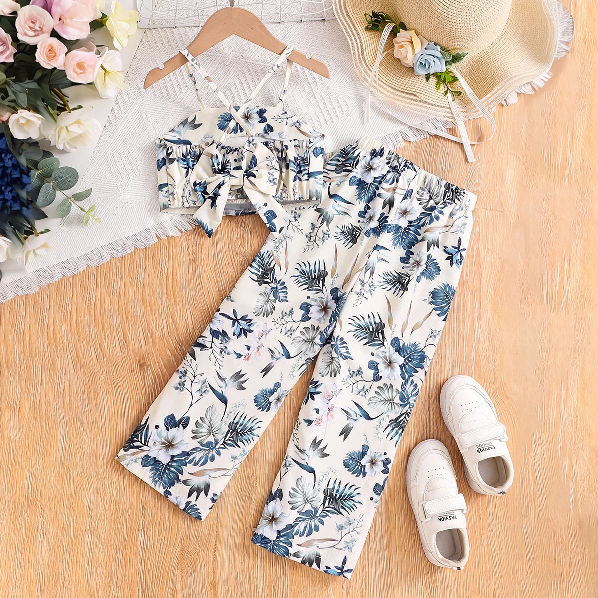 Girls Cream Floral Print Sleeveless Crop Top With Pants Sets 2 pc. Sets