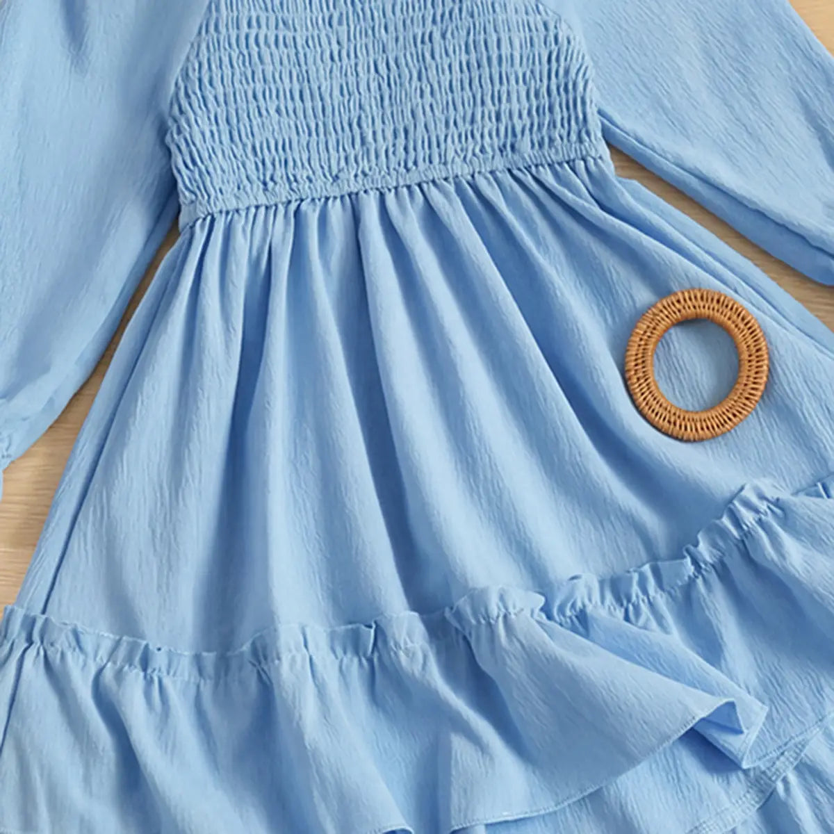Girls Light Blue Smocked Yoke Puff Sleeve High-Low Dress Casual Dresses