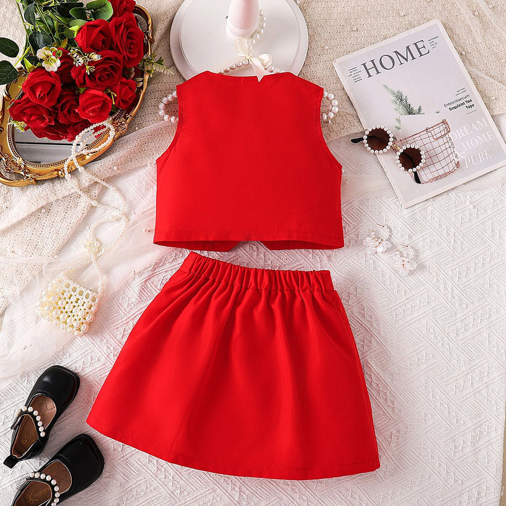 Girls Red Rose Applique Sleeveless Top with Pleated Skirt Sets 2 pc. Sets