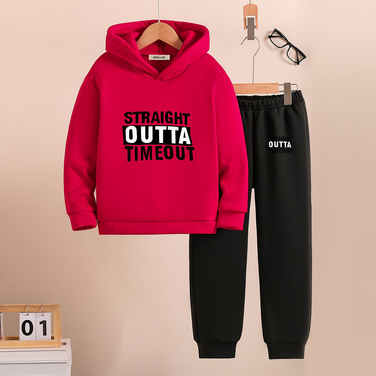 Boys Red Typographic Printed Hooded Sweatshirt with Joggers Set Sets Red 5-6 Y