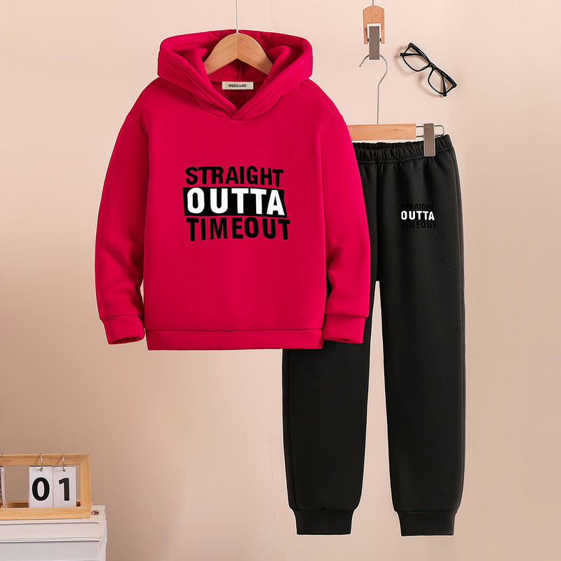 Boys Red Typographic Printed Hooded Sweatshirt with Joggers Set Sets Red 5-6 Y