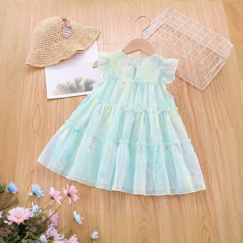 Girls Blue Floral Flutter Sleeve Tiered Dress Casual Dresses