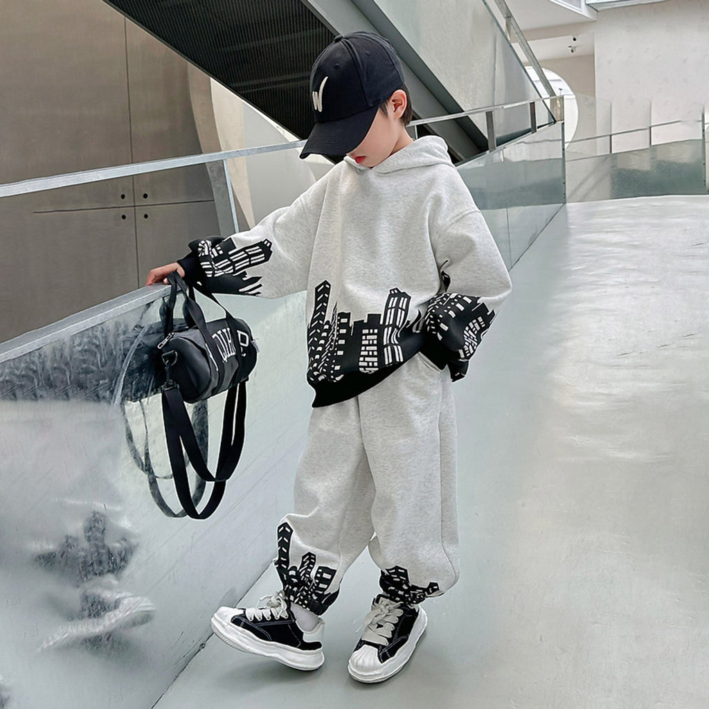 Boys Grey Printed Hooded Sweatshirt With Pants Sets 2 pc. Sets