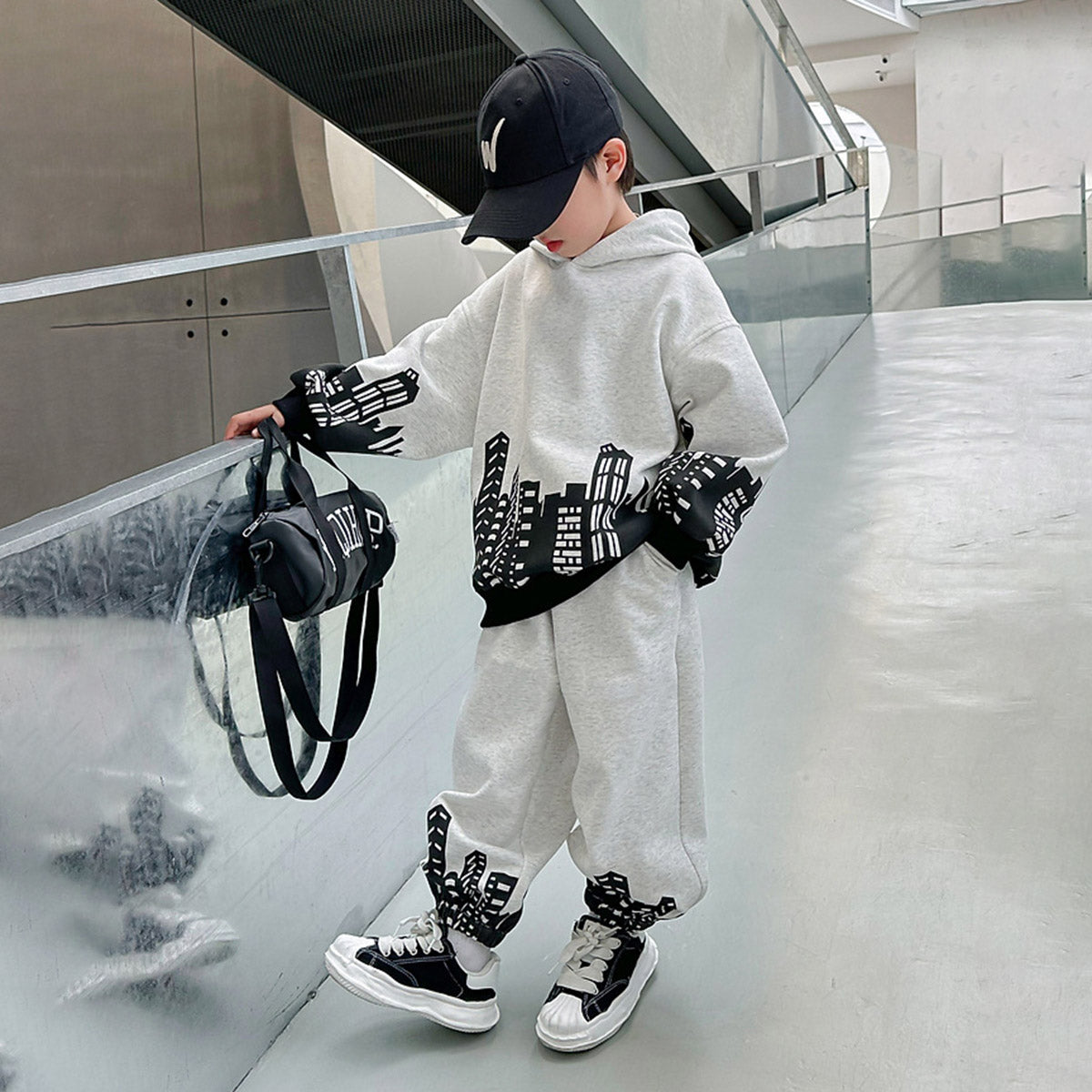 Boys Grey Printed Hooded Sweatshirt With Pants Sets 2 pc. Sets
