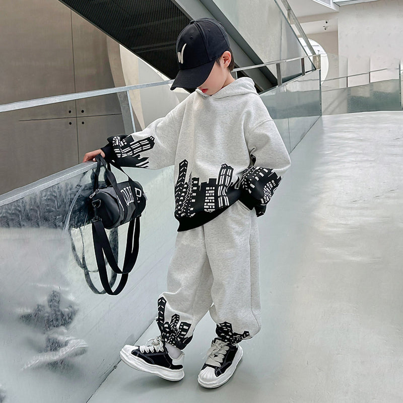 Boys Grey Printed Hooded Sweatshirt With Pants Sets 2 pc. Sets