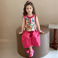 Girls Dark Pink Peacock Print Peplum Top With Pants Sets Sets Dark Pink 1-2 Y