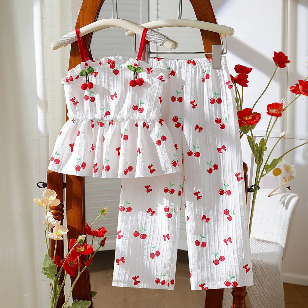 Girls White Cherry Printed Sleeveless Top With Elasticated Pants Sets 2 pc. Sets White 3-4 Y
