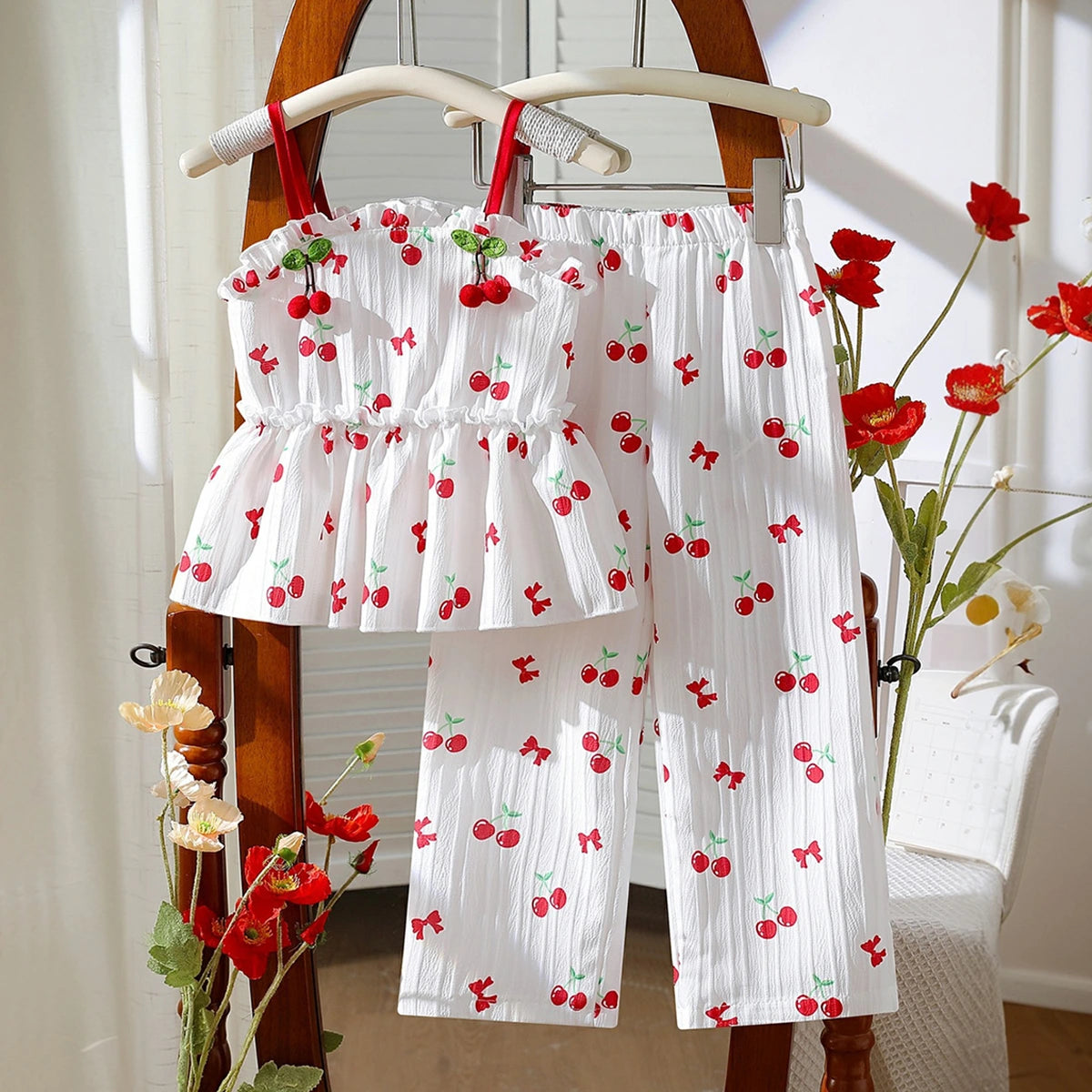 Girls White Cherry Printed Sleeveless Top With Elasticated Pants Sets 2 pc. Sets White 3-4 Y