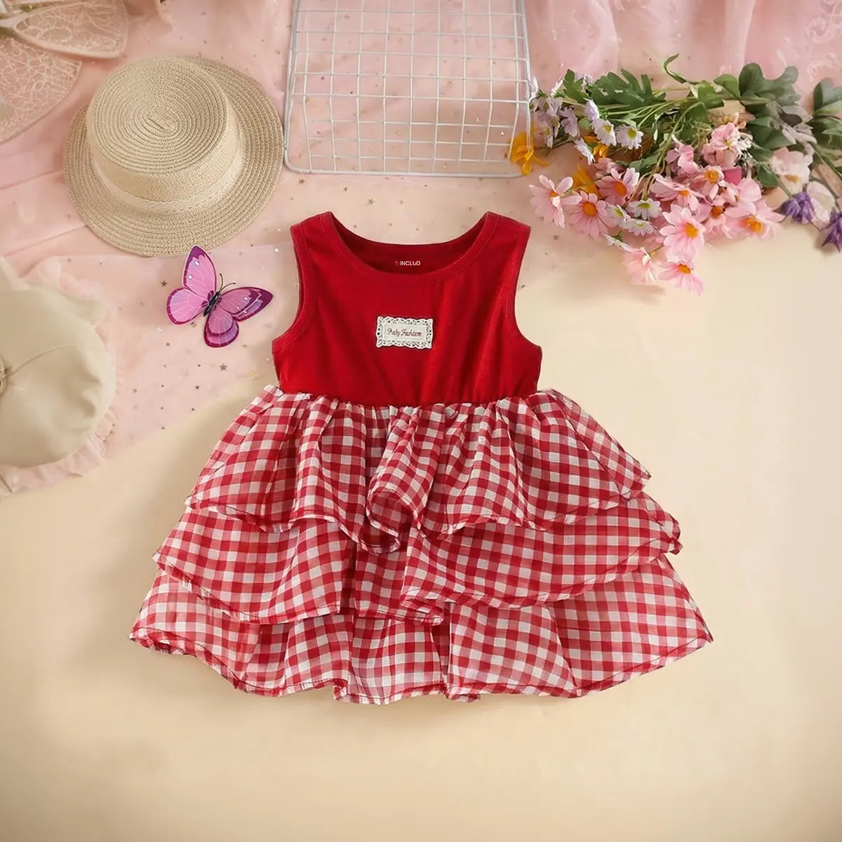 Girls Red Checked Sleeveless Tiered Fit & Flare Dress Casual Dresses Red 1-2 Y