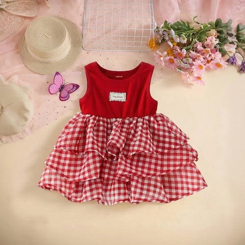 Girls Red Checked Sleeveless Tiered Fit & Flare Dress Casual Dresses Red 1-2 Y