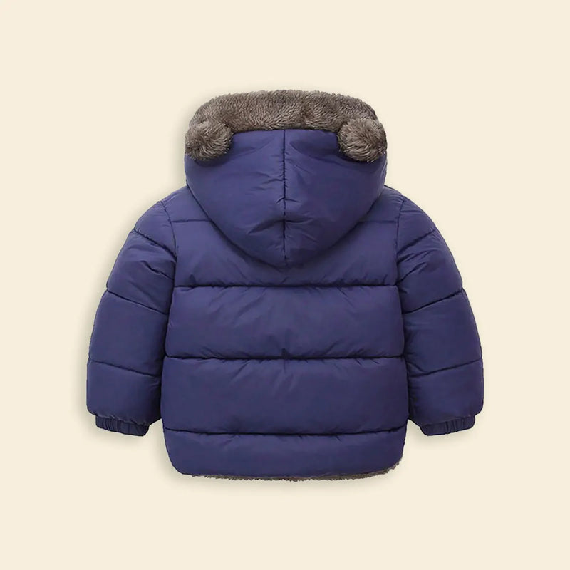 Boys Navy Blue Zip-up Puffer Jacket With Bear Ear On Hood Coats & Jackets