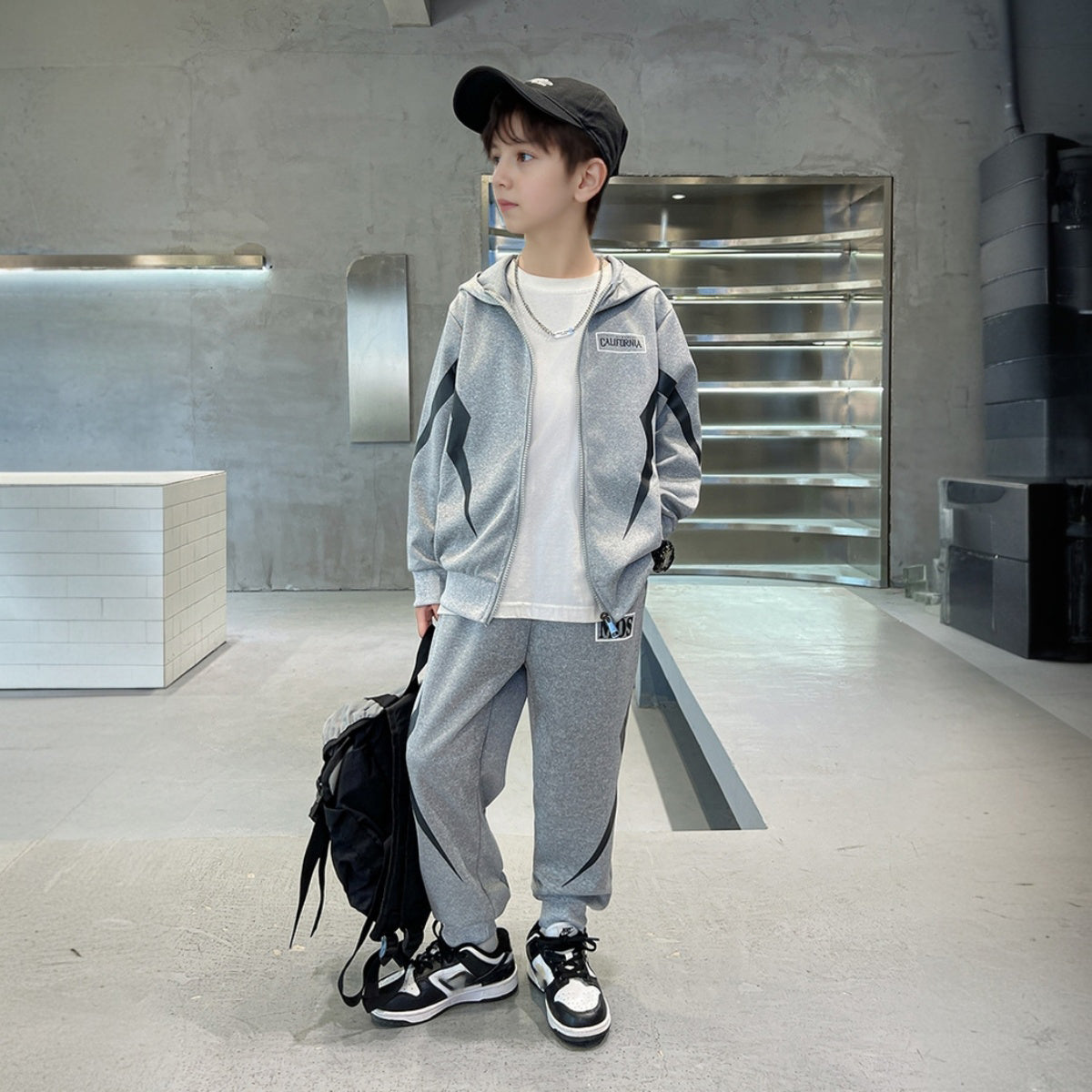 Boys Grey Abstract Printed Winter Zipper Hoodie With Jogger Set 2 pc. Sets