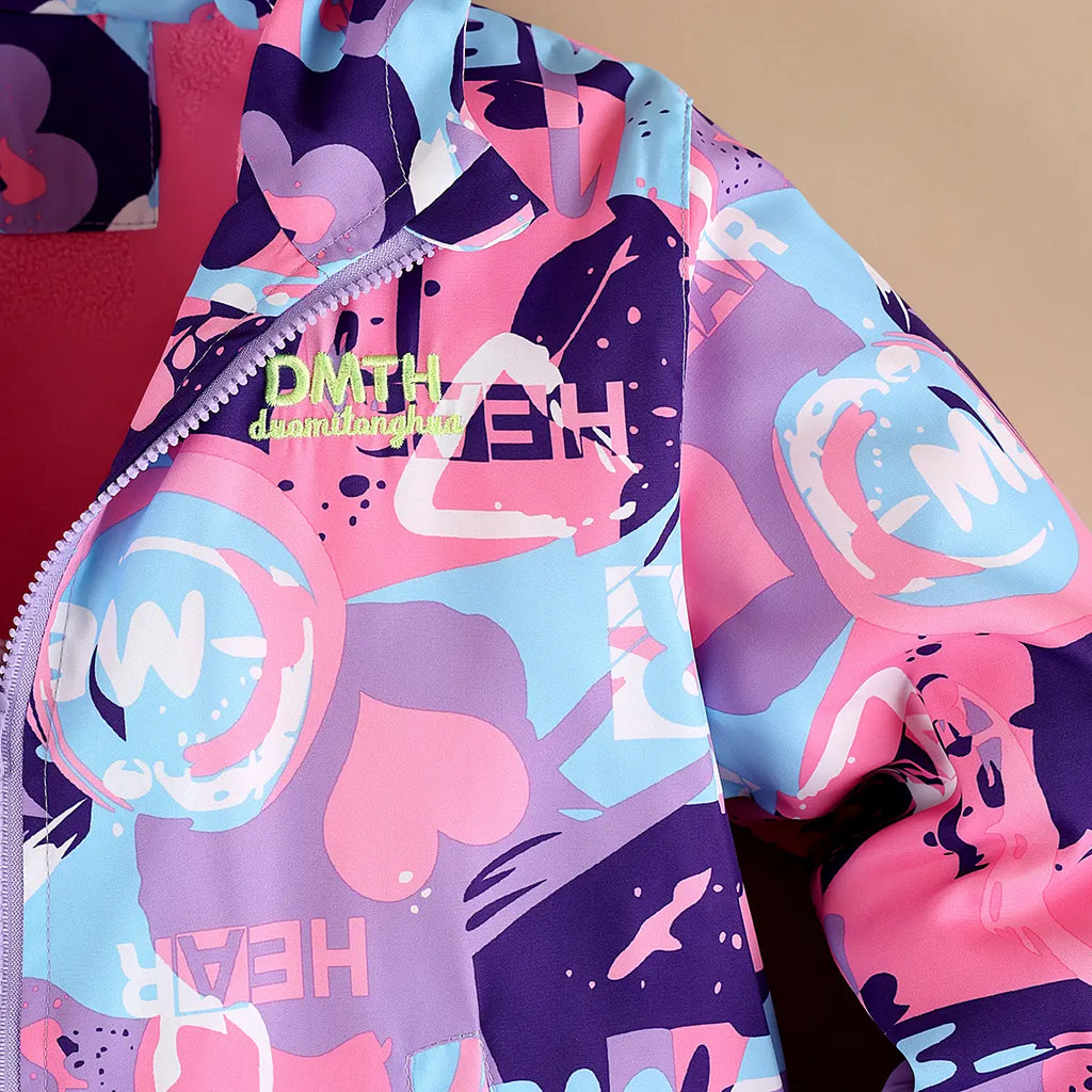 Girls Purple Abstract Printed Hooded Zipper Jacket Coats & Jackets