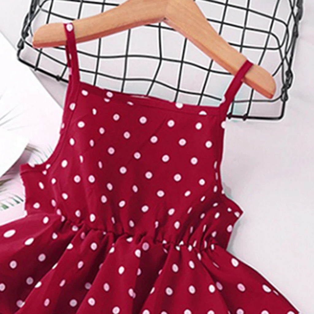 Girls Maroon Polka Dot Print Sleeveless Layered Dress Casual Dresses