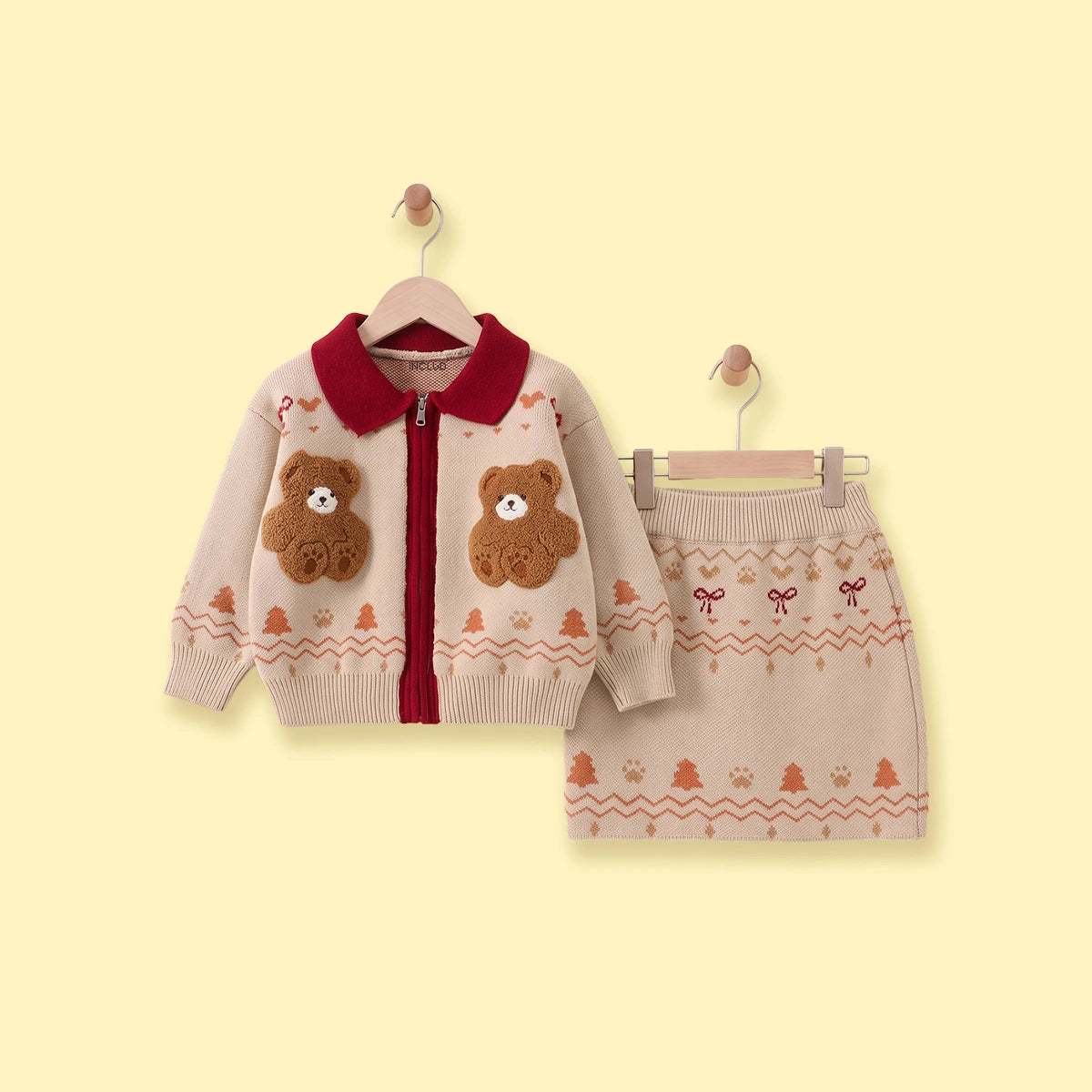 Girls Beige Jacquard Long Sleeve Cardigan With Skirt Sets 2 pc. Sets Beige 1-2 Y