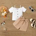Girls Short Sleeve Top With Self Fabric Belt Shorts 2 pc. Sets White 3-4 Y 