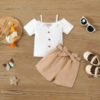 Girls Short Sleeve Top With Self Fabric Belt Shorts 2 pc. Sets White 3-4 Y 