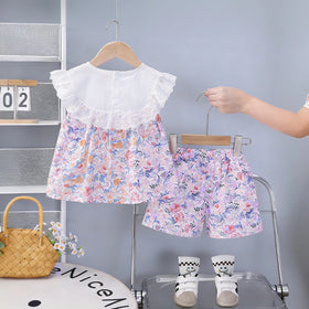 Girls Purple Floral Printed Eyelet Lace Collar Top & Shorts Co-ord Sets Sets