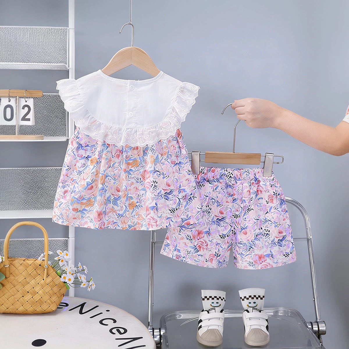 Girls Purple Floral Printed Eyelet Lace Collar Top & Shorts Co-ord Sets Sets