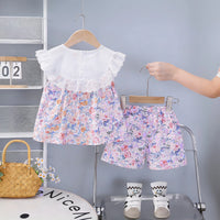 Girls Purple Floral Printed Eyelet Lace Collar Top & Shorts Co-ord Sets Sets