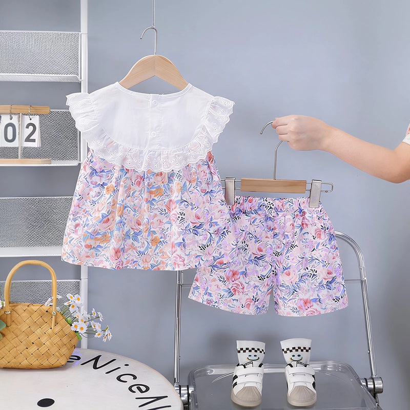 Girls Purple Floral Printed Eyelet Lace Collar Top & Shorts Co-ord Sets Sets