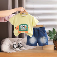 Boys Lime Yellow Graphics T-Shirt With Denim Shorts Set Sets Lime Yellow 1-2 Y