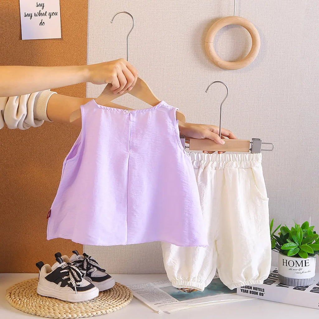 Girls Purple Sleeveless Top With Pants Sets Sets