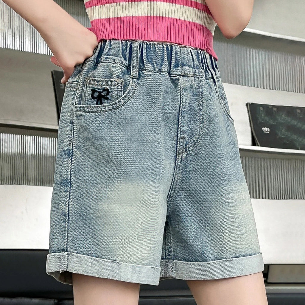 Girls Light Blue Bow Embroidered Denim Shorts Shorts