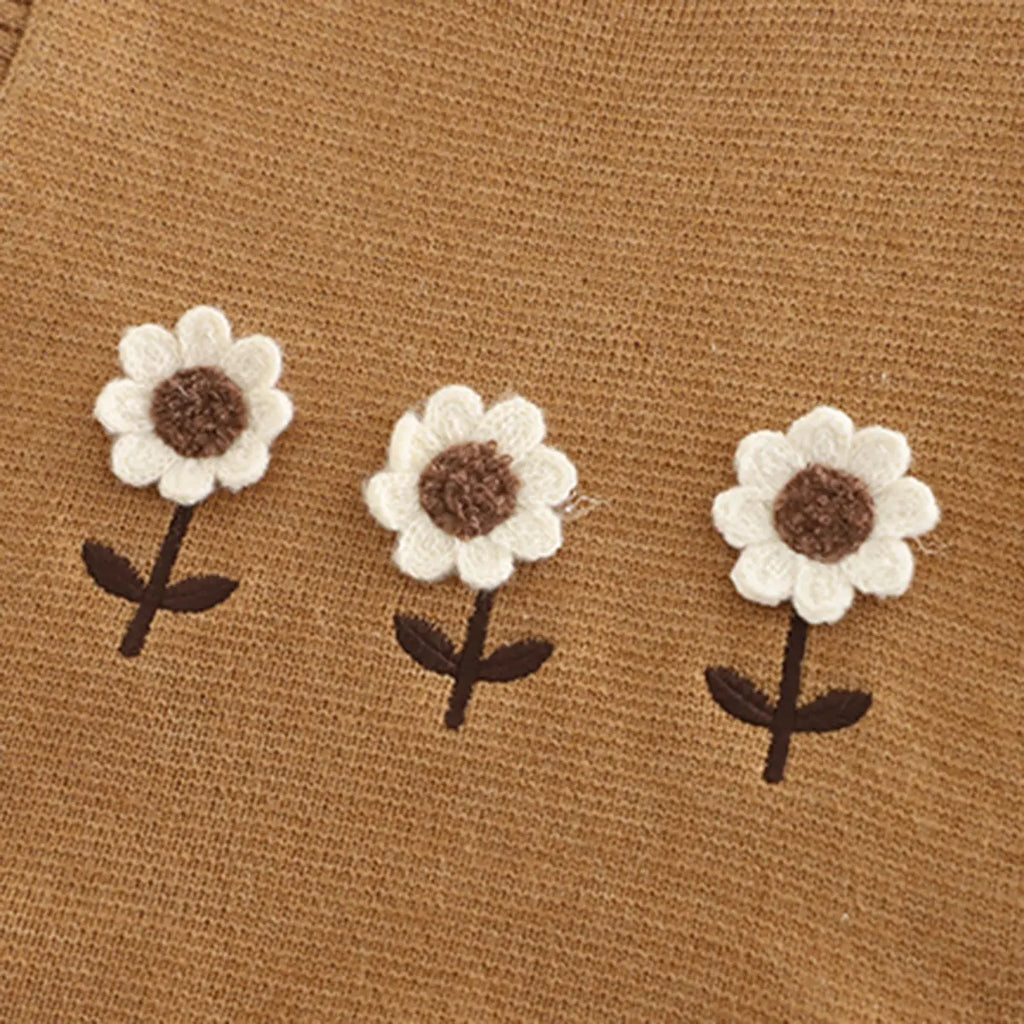 Girls Khaki Floral Embroidered Sweater Vest With Top & Pants Set Sets