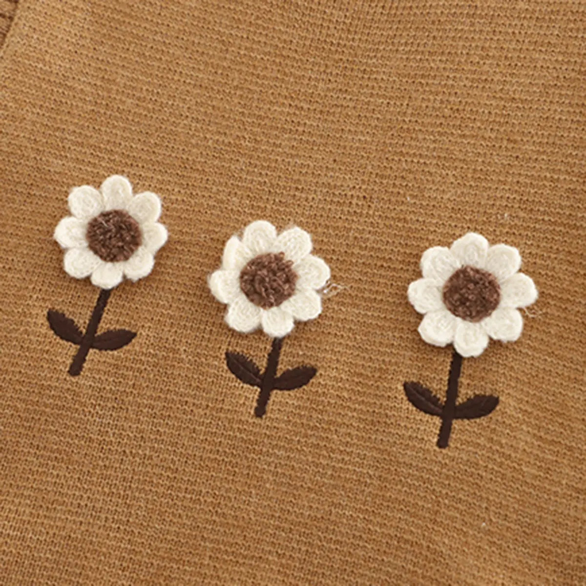 Girls Khaki Floral Embroidered Sweater Vest With Top & Pants Set Sets