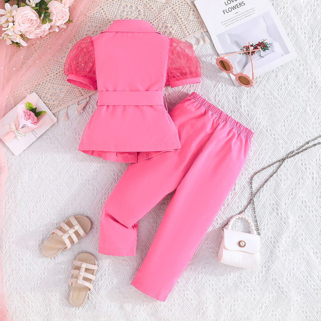 Girls Fuchsia Puff Sleeves Summer Blazer With Trouser Set 2 pc. Sets