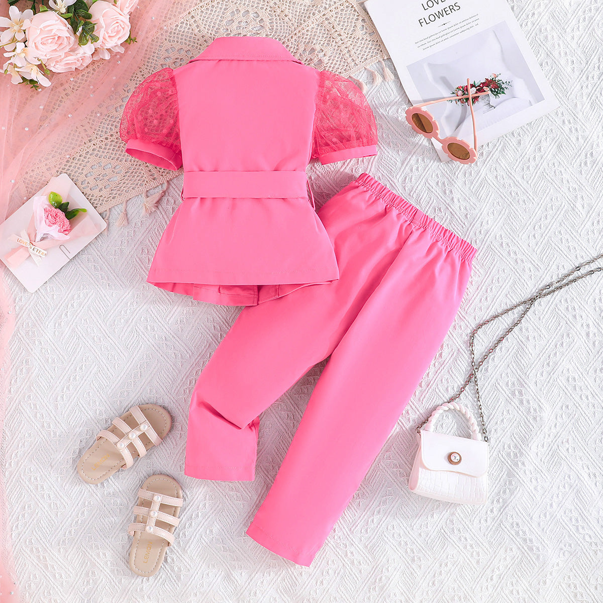 Girls Fuchsia Puff Sleeves Summer Blazer With Trouser Set 2 pc. Sets