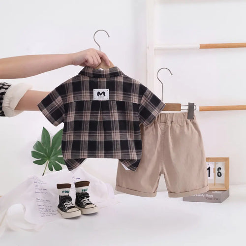 Boys Black Checked Short Sleeve Shirt With Printed T-Shirt And Shorts Sets 3 pc. Sets