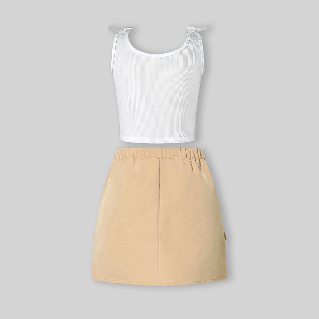 Girls White Ribbed Tank Top With Cargo Skirt Sets Sets