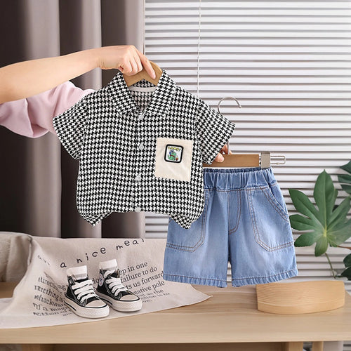 Boys Black Checked Short Sleeve Shirt With Denim Shorts Sets 2 pc. Sets Black 1-2 Y