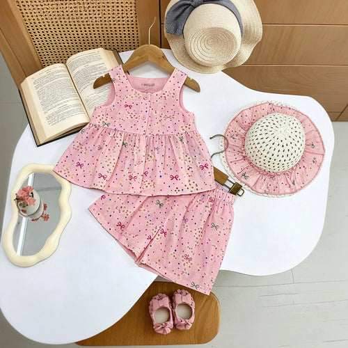 Girls Pink Bow Printed Sleeveless Top With Elasticated Shorts Sets 2 pc. Sets Pink 1-2 Y