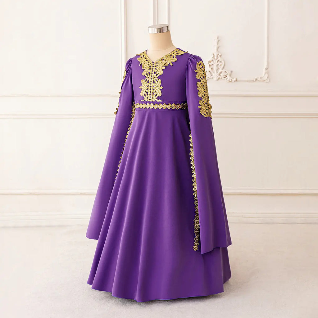 Girls Purple Embroidered Fit & Flare Dress With Long Sleeves Casual Dresses