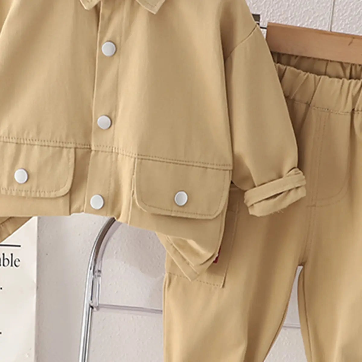 Boys Khaki Solid Shacket With Cargo Pants Co-ord Sets Sets