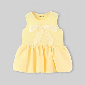 Girls Yellow Flared Sleeveless Mini Dress With Bow Detail Casual Dresses