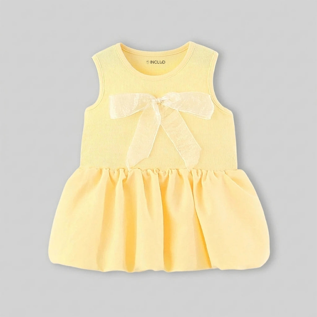 Girls Yellow Flared Sleeveless Mini Dress With Bow Detail Casual Dresses