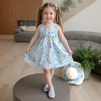 Girls Blue Floral Print Sleeveless A-Line Casual Dress Casual Dresses Blue 1-2 Y