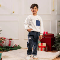 Boys White Typographic Printed Sweatshirt With Denim Pants Set Sets