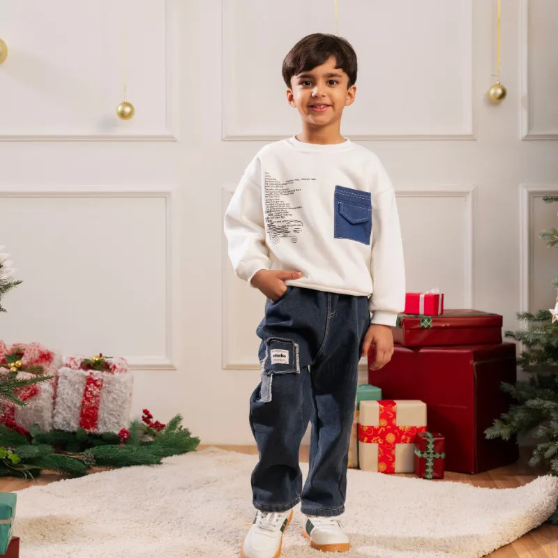 Boys White Typographic Printed Sweatshirt With Denim Pants Set Sets