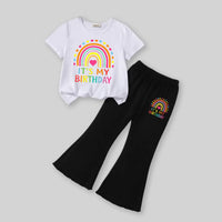 Girls White Birthday & Rainbow Printed T-Shirt With Flared Pants Sets Sets