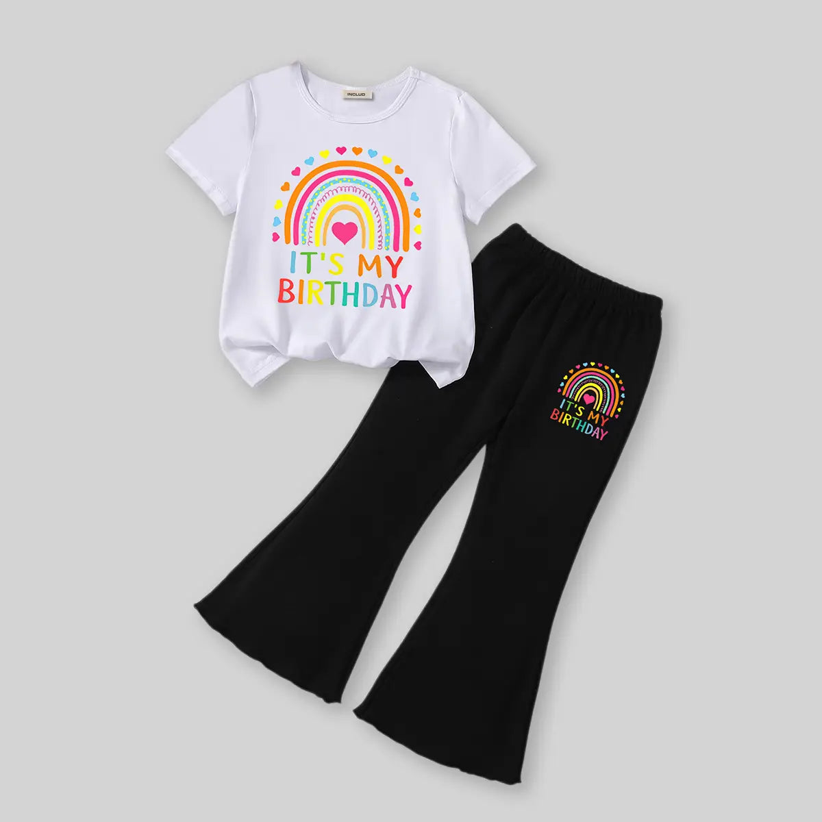 Girls White Birthday & Rainbow Printed T-Shirt With Flared Pants Sets Sets
