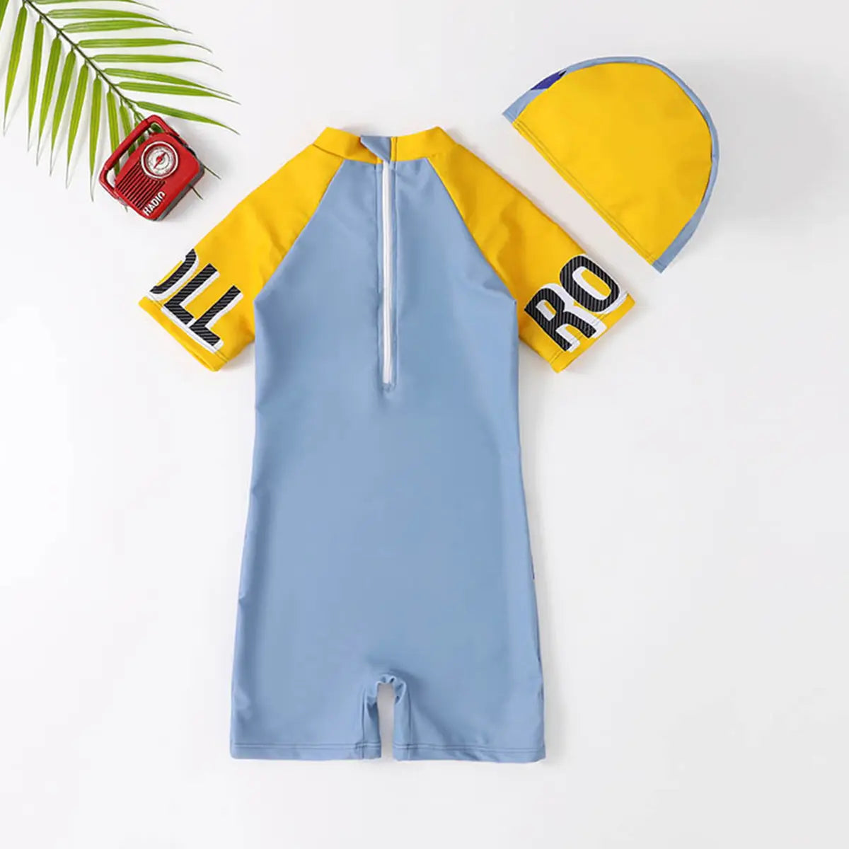 Boys Grey Dinosaur Print Swimwear Bodysuit With Swim cap Beachwear